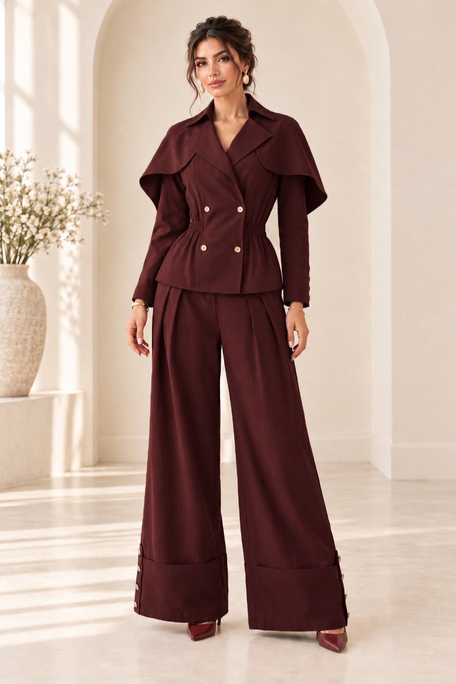 A PEACH Cape Top & Pants Set- Burgundy